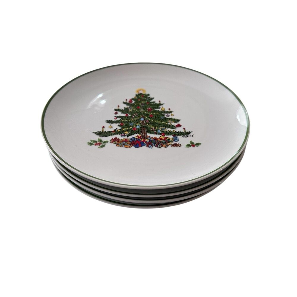 Vintage Christmas Tree Dinner Plates Made In Fine China Japan Set Of 4